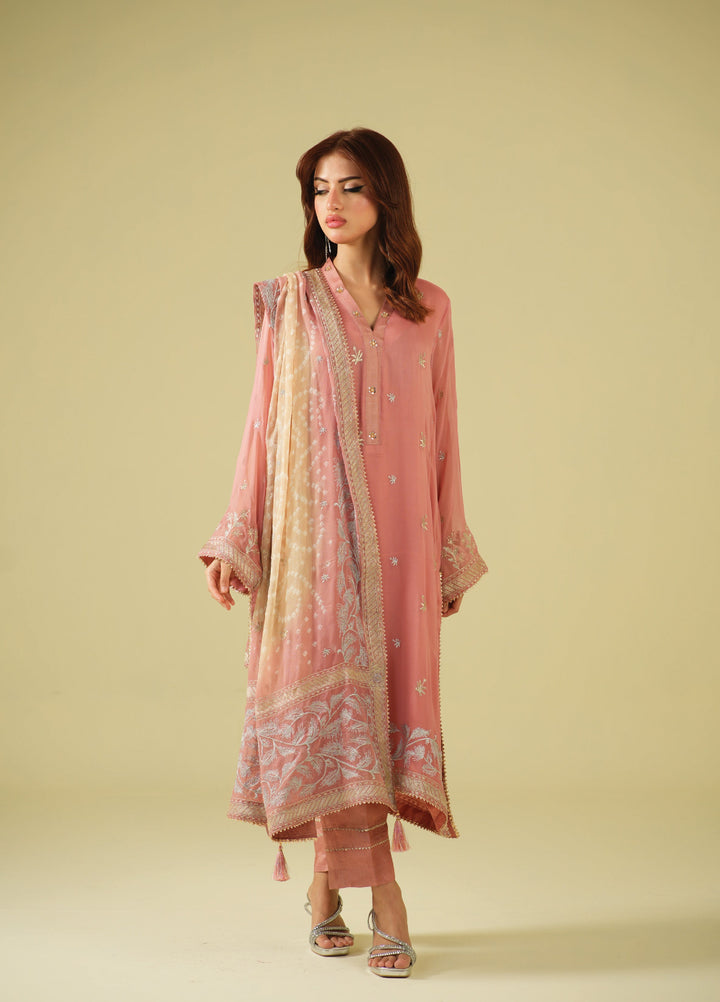 Satrang by Zouj Unstitched Chunri Chiffon Embroidered Suits 3 Piece ZJ25SC ZJCH-0031 Peach - Festive Collection