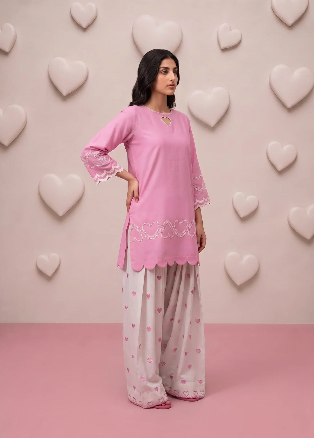 Scherezade Women RTW Embroidered Cotton Lawn 3 Piece Suit PINK HEARTS - Casual Collection