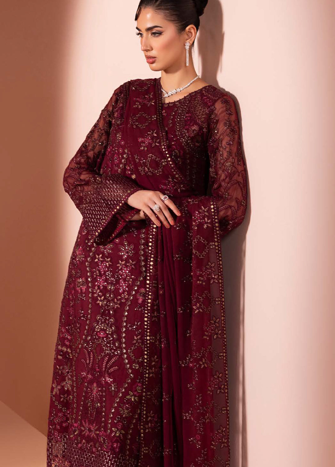 Murawwat by Lavish Premium Unstitched Luxury Chiffon Embroidered 3 peice LV25MC M-01 Rosewood Wine - Formals Collection