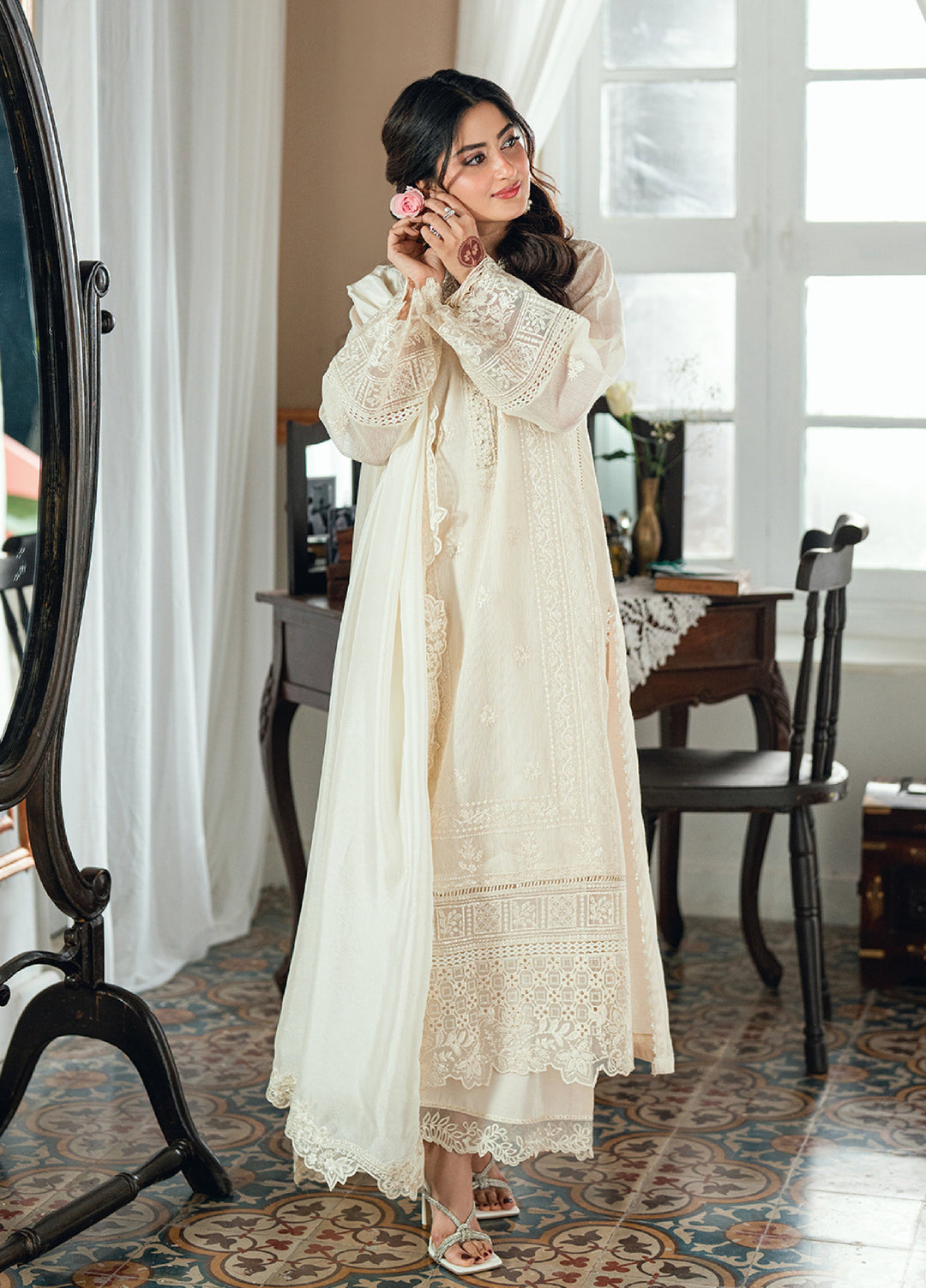 Eid Ensembles by Azure Unstitched Embroidered Khaddi Net 3 Piece Suit AZ26UEE ES-136 Ivory Petal - Eid Collection