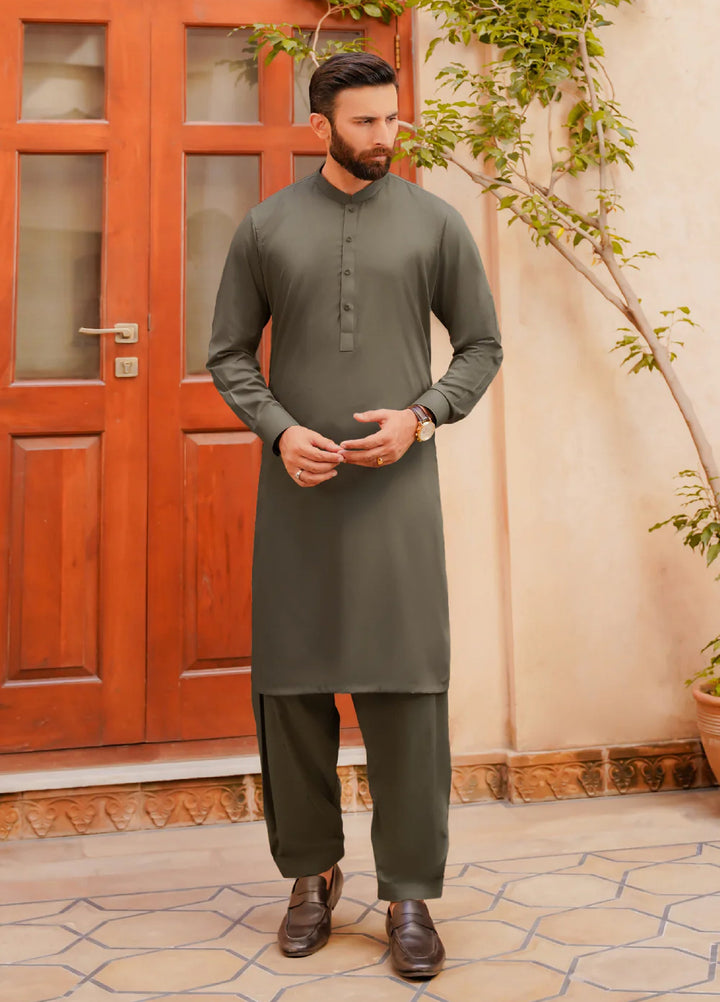 Misaal by Divinely Crafted Solids Shalwar Kameez For Men Moss Green Blended SK340-0725-MG - Summer Collection