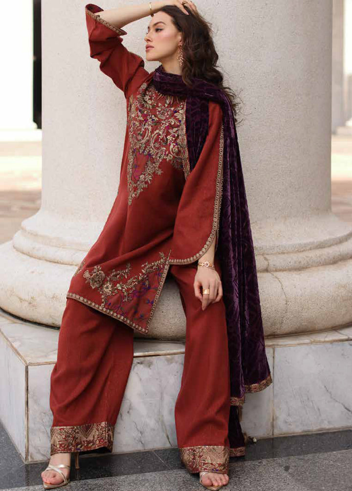 Poshima by Charizma Unstitched Peach Leather Embroidered Suit with Velvet Shawl 3 Piece CRZ25LW PSW5-22 - Winter Collection