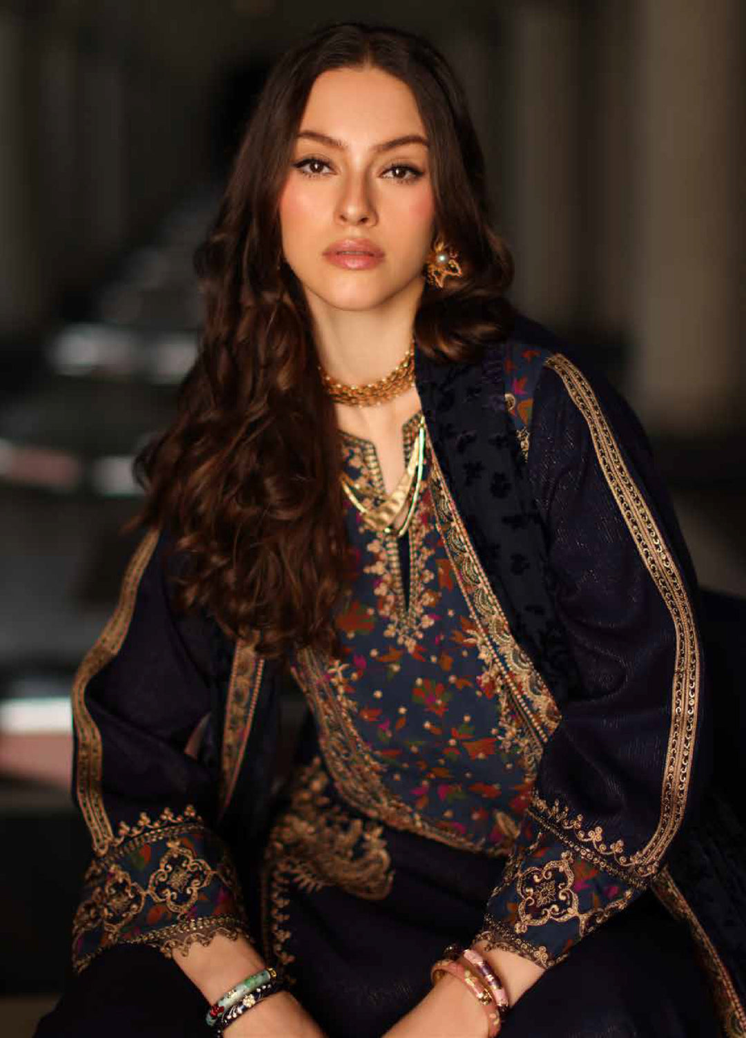 Poshima by Charizma Unstitched Peach Leather Embroidered Suit with Velvet Shawl 3 Piece CRZ25LW PSW5-16 - Winter Collection