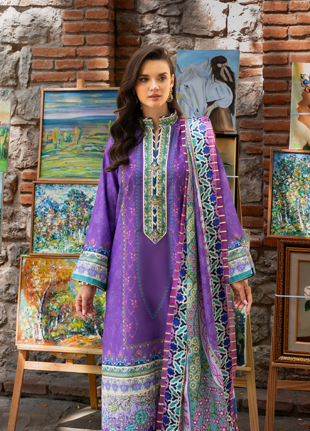 Mushq Hemline Echoes Of Serneity Unstitched Festive Raw Silk Printed 3 Piece MQ25ES D-02 Cosmic Spindle - Festive Collection