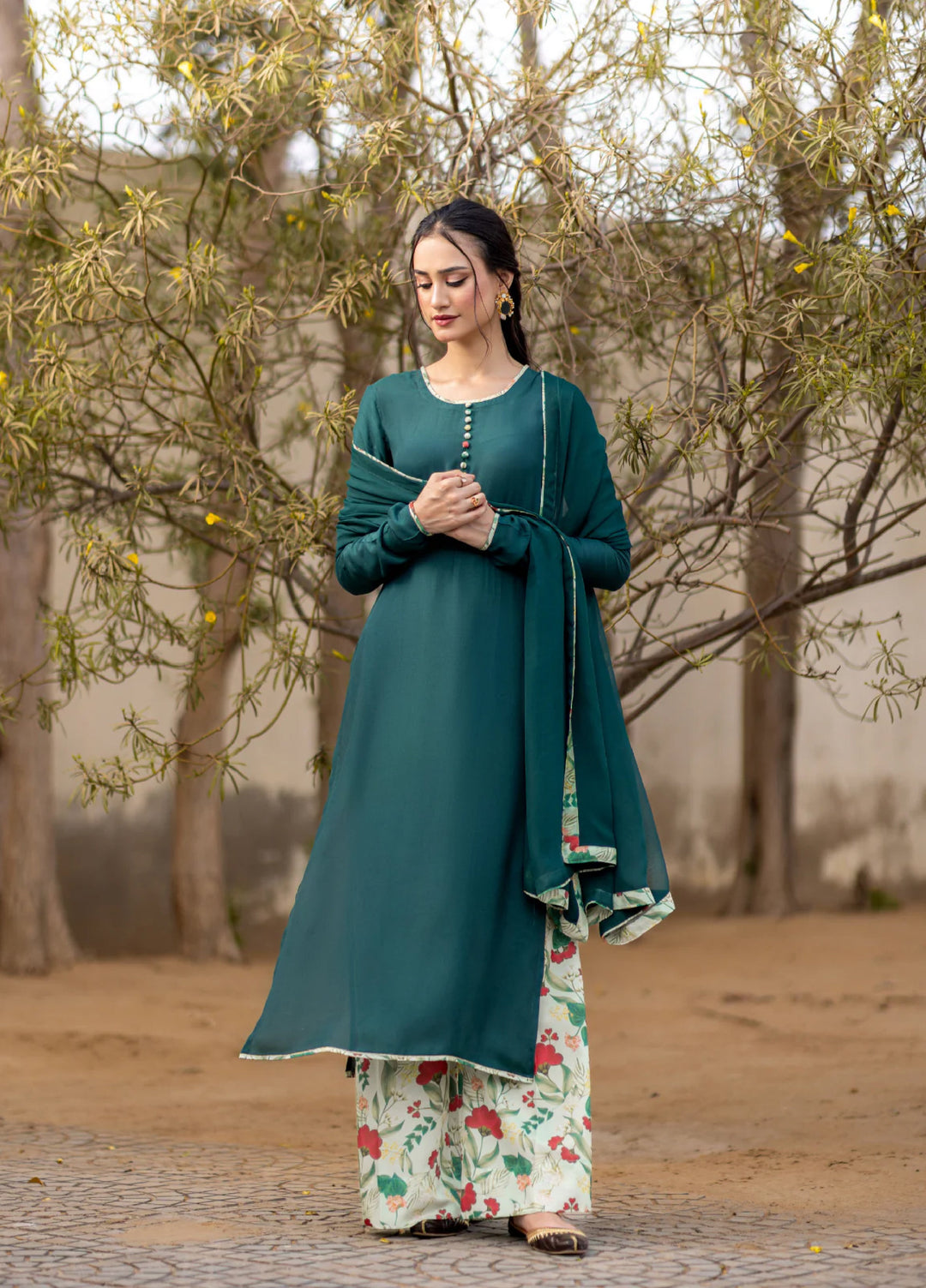 Dareecha by Daak RTW Printed Cotton Silk 3 Piece Suit AKS-BG ANARAH AKS-BG - Festive Collection