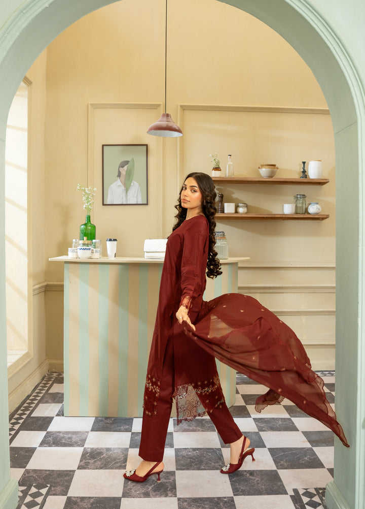 Naaz Couture Women RTW Embroidered Lawn 3 Piece Suit NC26RLC Maroon - Casual Collection