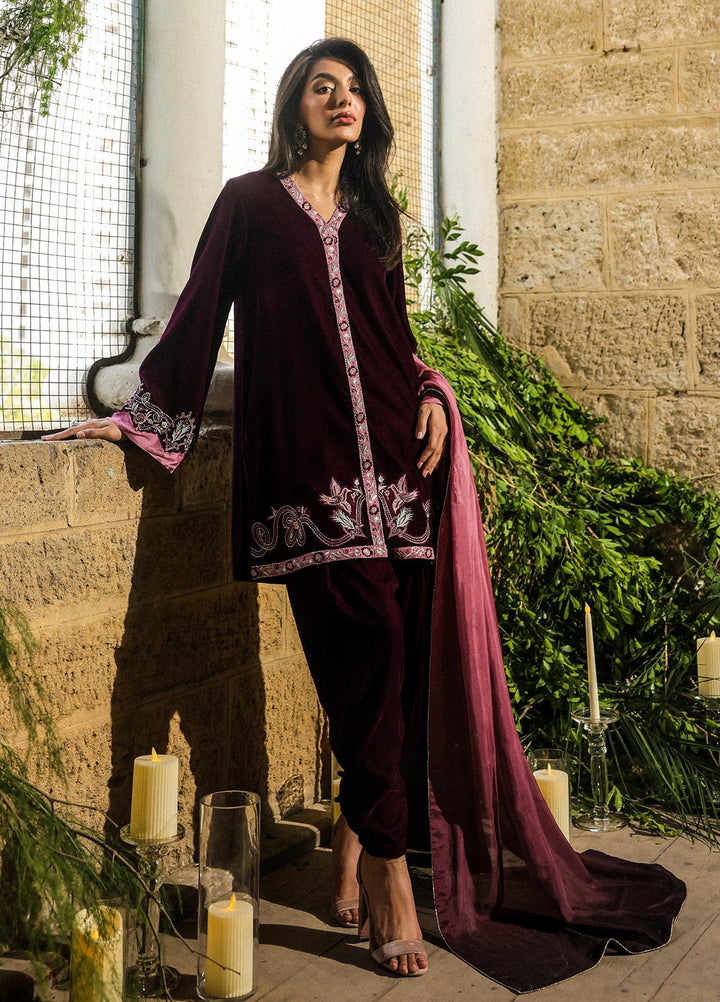Elayra by Sahar Pret Velvet 3 Piece Embroidered Plum Reverie - Festive Collection