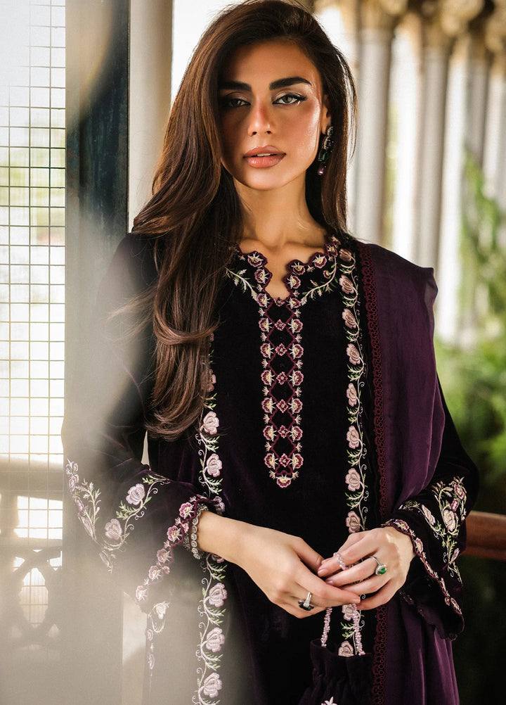 Elayra by Sahar Pret Velvet 3 Piece Embroidered Aubergine Noir - Festive Collection