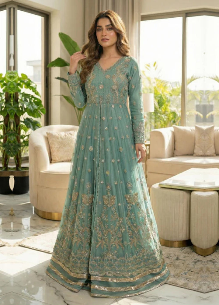 Essentials by Diara Couture Women Pret Embroidered Organza 3 Piece Suit Naranj US-510 Aqua - Wedding Collection