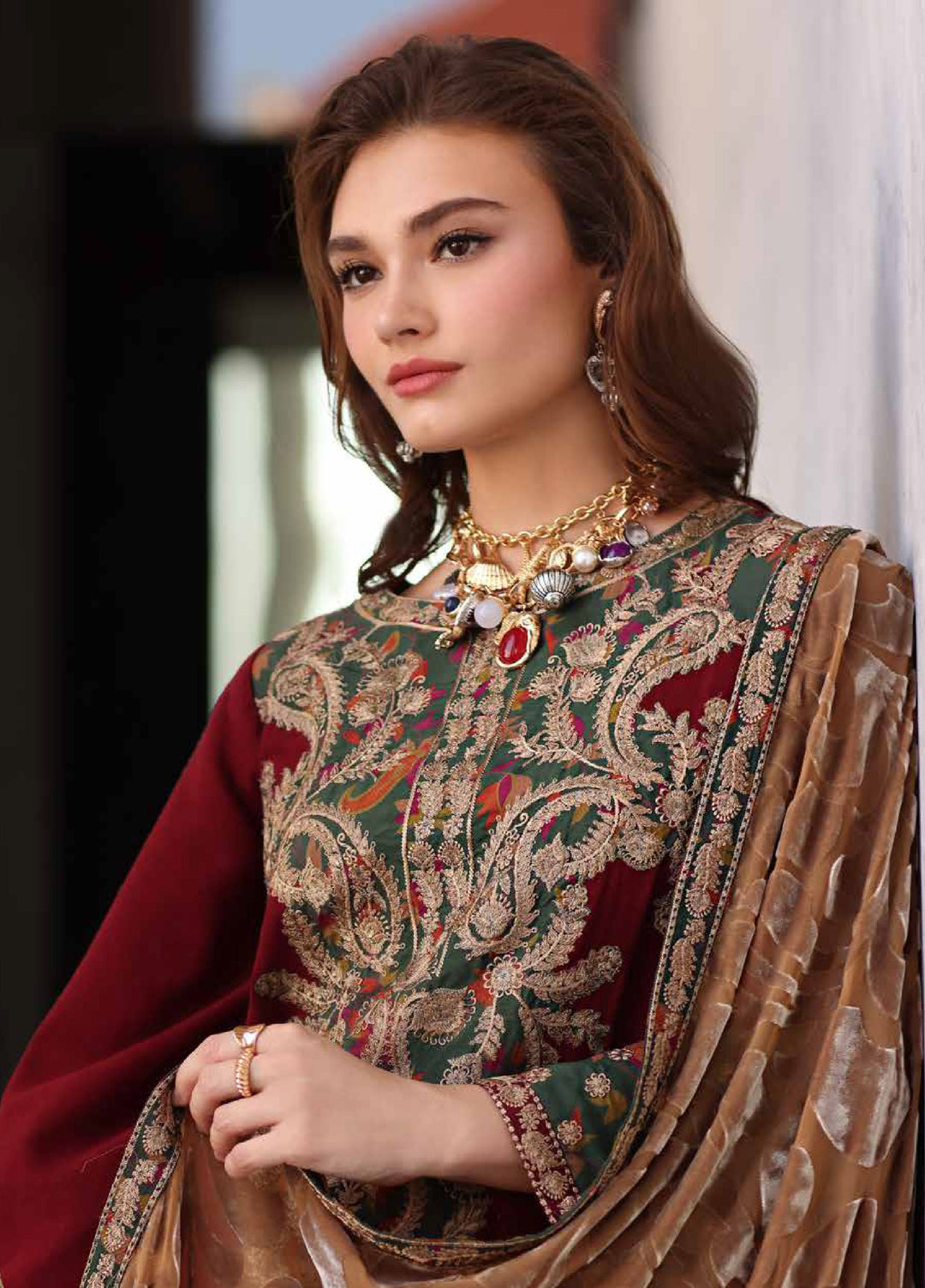 Poshima by Charizma Unstitched Peach Leather Embroidered Suit with Velvet Shawl 3 Piece CRZ25LW PSW5-20 - Winter Collection