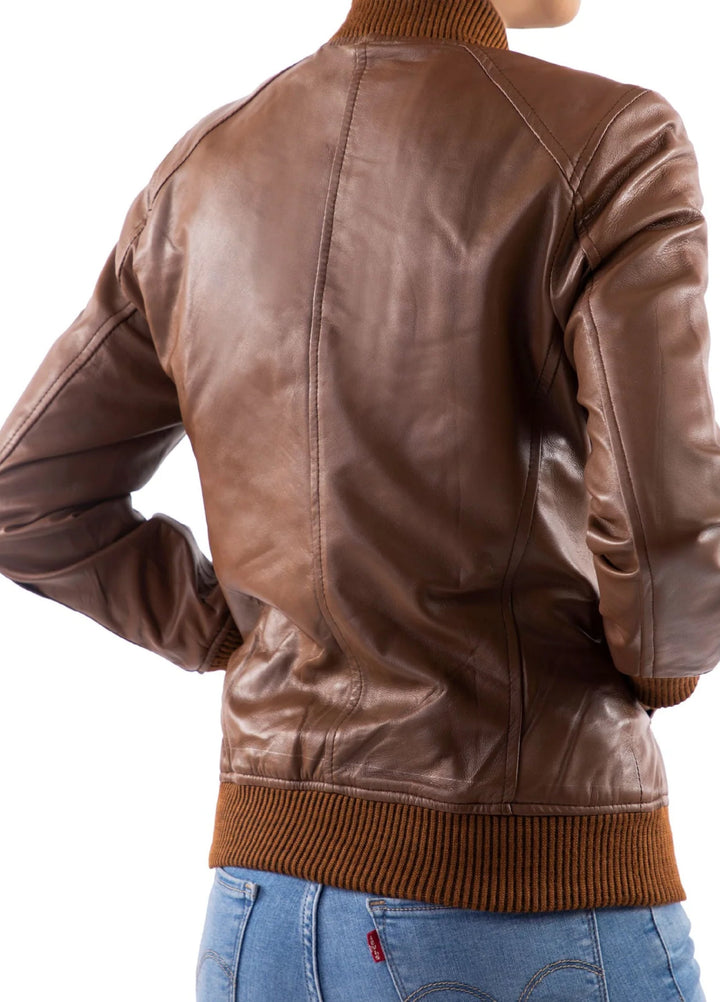 Jild Bomber Jacket Solids Womens Bomber Leather Jacket Cognac - Winter Collection