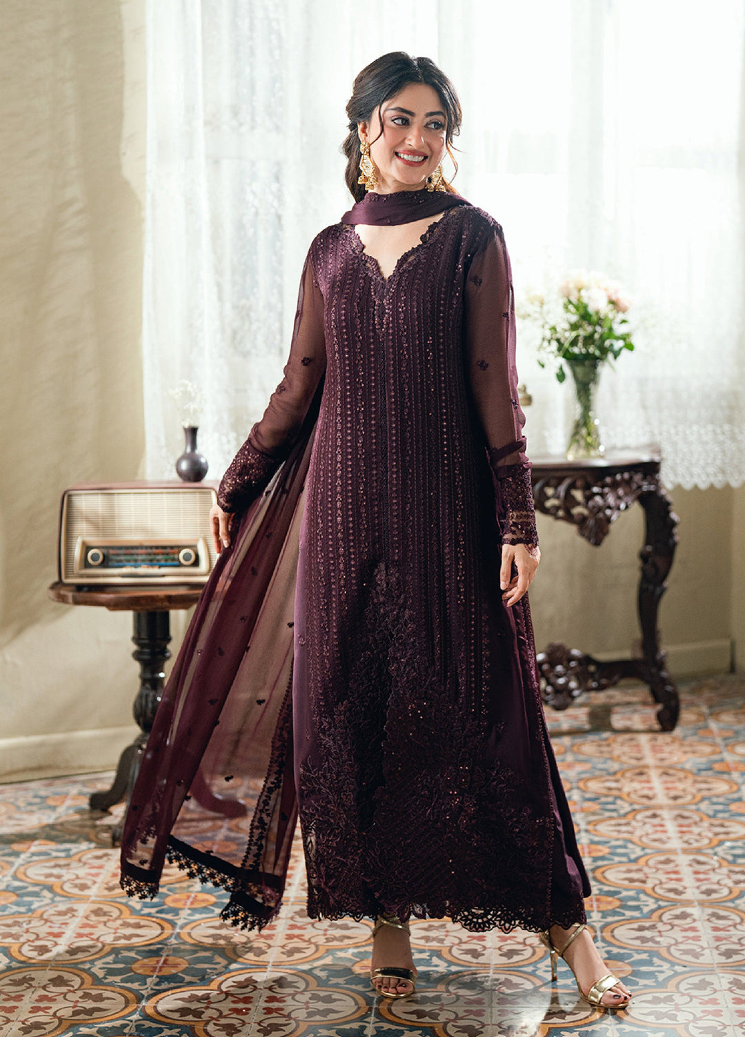 Eid Ensembles by Azure Unstitched Embroidered Chiffon 3 Piece Suit AZ26UEE ES-138 Nectar Rouge - Eid Collection