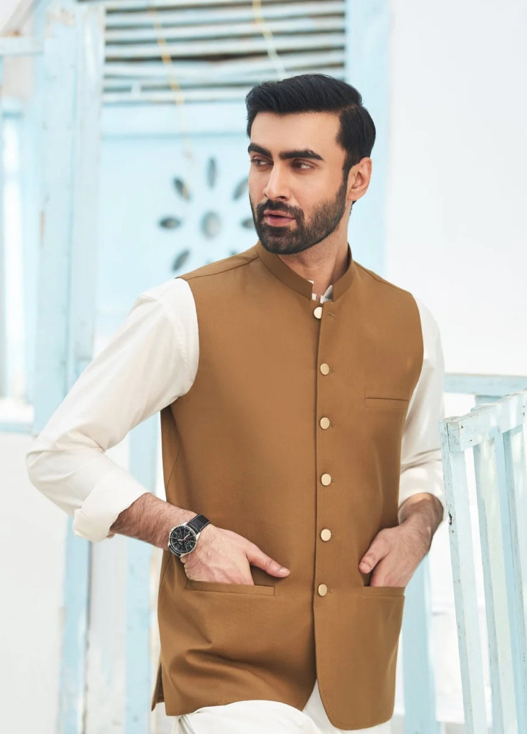 Muraqsh Ready To Wear Solids Cotton Men Off White Kameez Shalwar with Camel Suiting Waistcoat Round Cut MUR-COW - Summer Collection