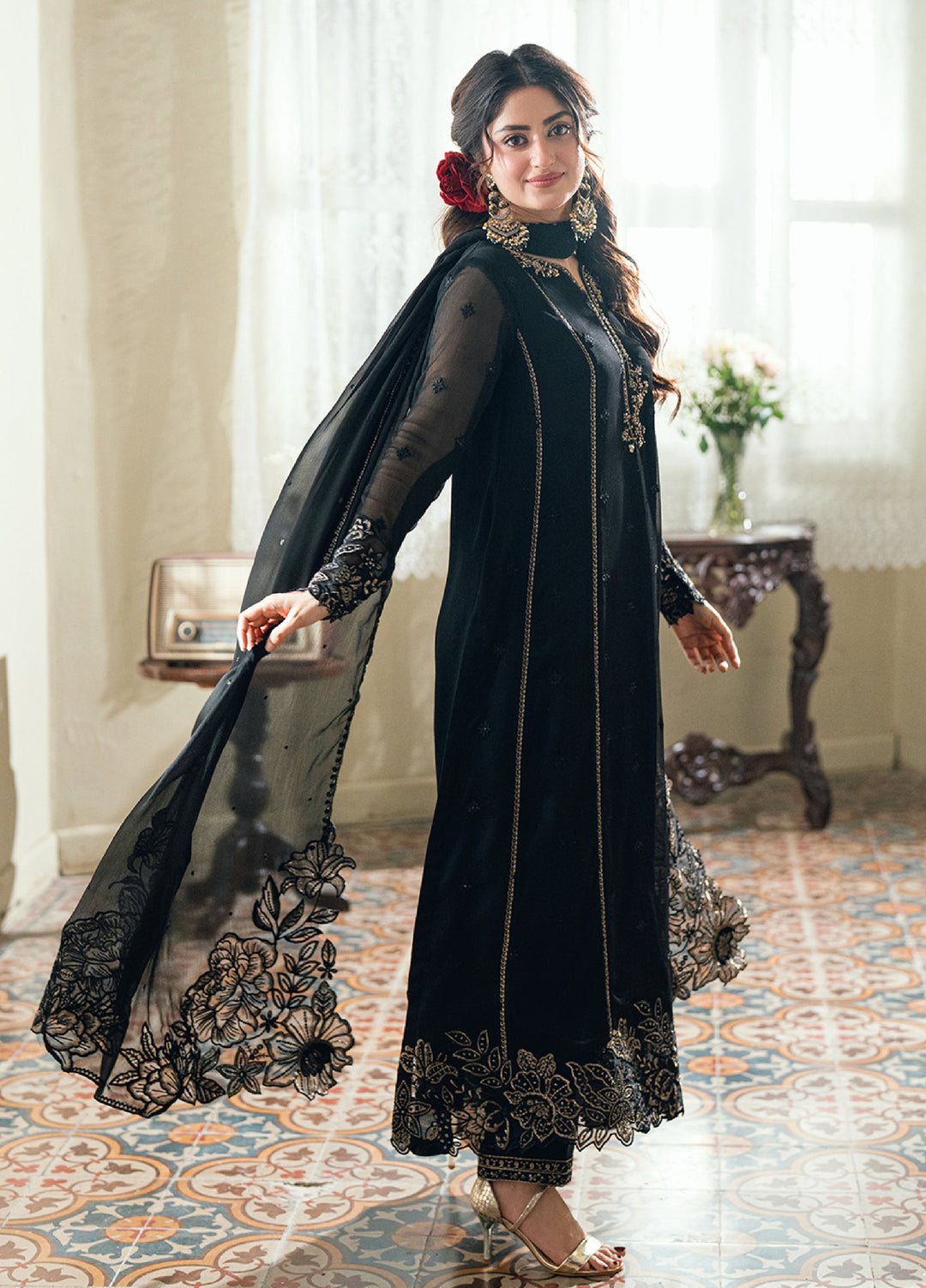 Eid Ensembles by Azure Unstitched Embroidered Chiffon 3 Piece Suit AZ26UEE ES-133 Nightangle - Eid Collection