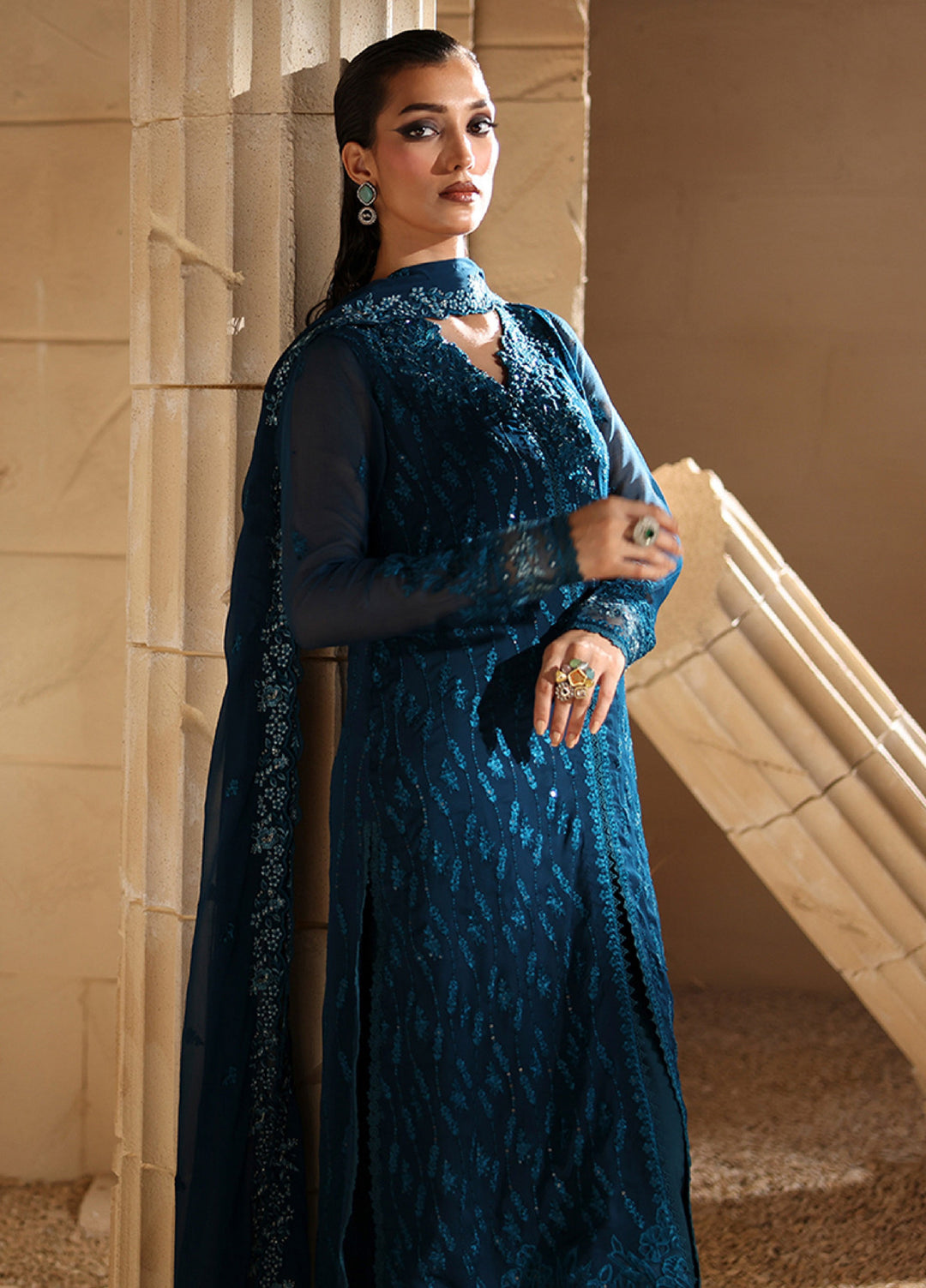 Luxe by Azure Unstitched Chiffon Embroidered Suits 3 Piece AZ25LF Celeste - Festive Collection