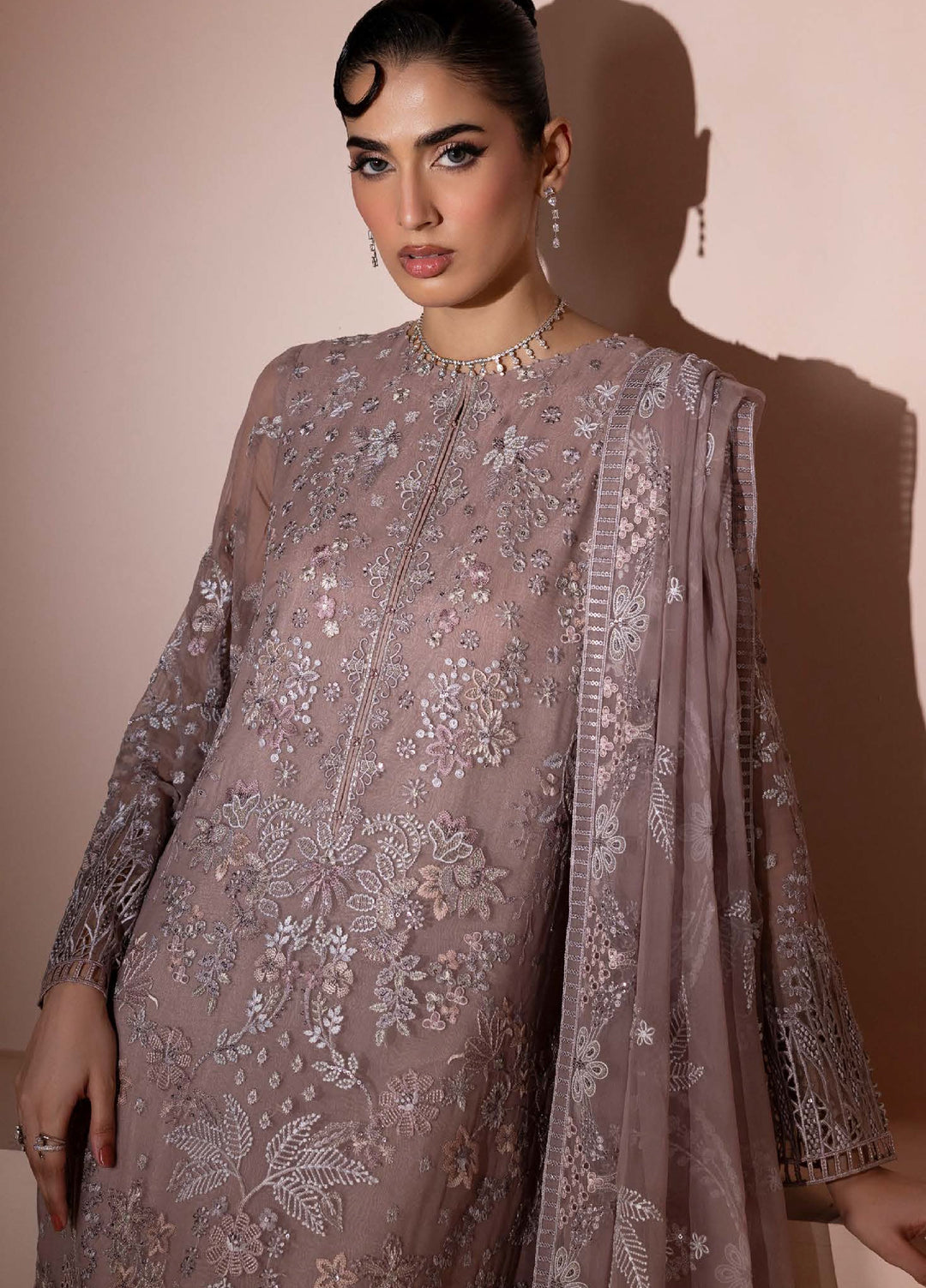 Murawwat by Lavish Premium Unstitched Luxury Chiffon Embroidered 3 peice LV25MC M-09 Blush Latte - Formals Collection