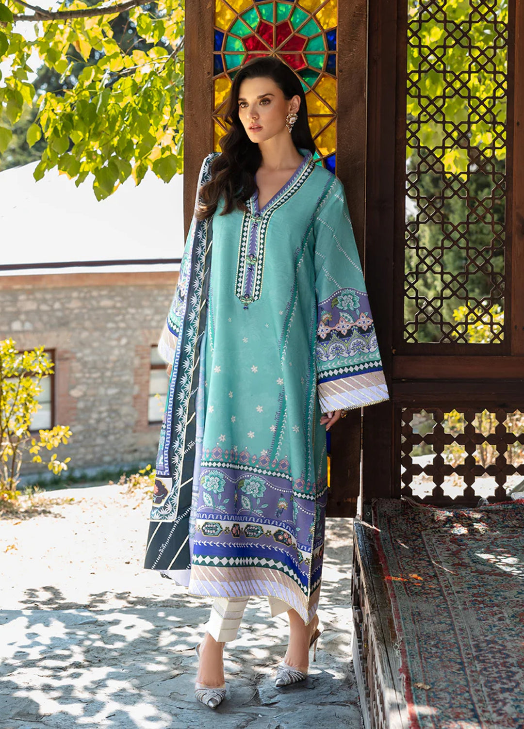 Mushq Hemline Echoes Of Serneity Unstitched Festive Raw Silk Printed 3 Piece MQ25ES D-10 Lunar Dew - Festive Collection