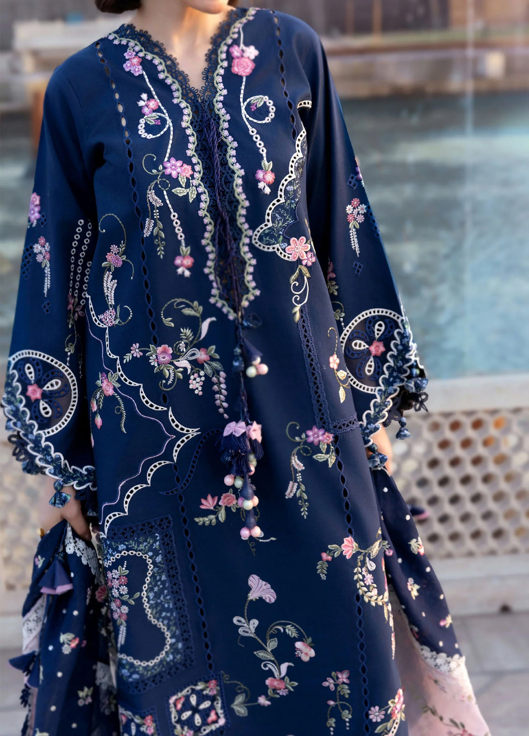 Flow by Crimson Unstitched Embroidered Lawn 3 Piece Suit CR26UFL D7 B-Midnight Blue - Festive Collection