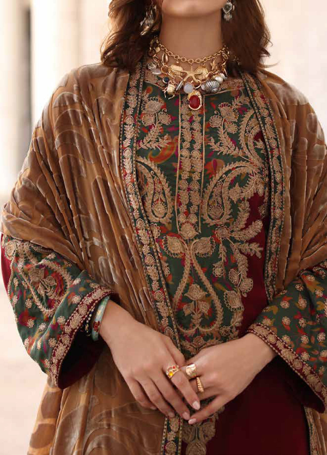 Poshima by Charizma Unstitched Peach Leather Embroidered Suit with Velvet Shawl 3 Piece CRZ25LW PSW5-20 - Winter Collection