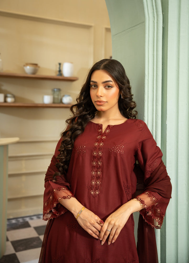 Naaz Couture Women RTW Embroidered Lawn 3 Piece Suit NC26RLC Maroon - Casual Collection