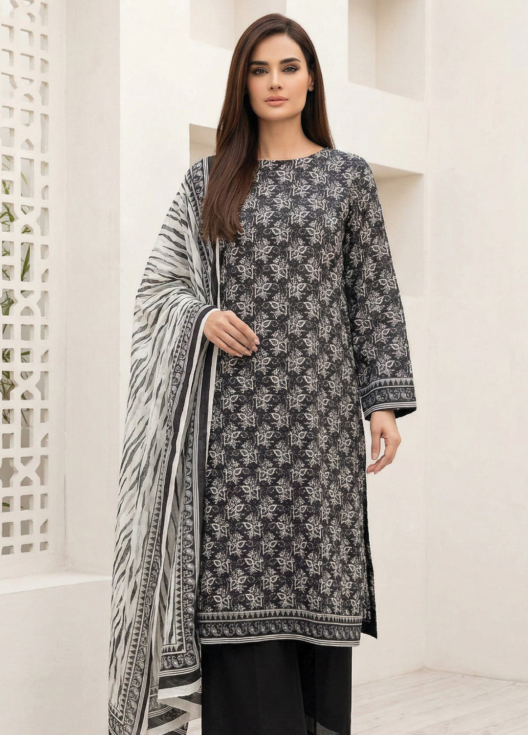 Black N White by Regalia Textiles Unstitched Printed Lawn 3 Piece Suit RG26ULBW D7 - Casual Collection
