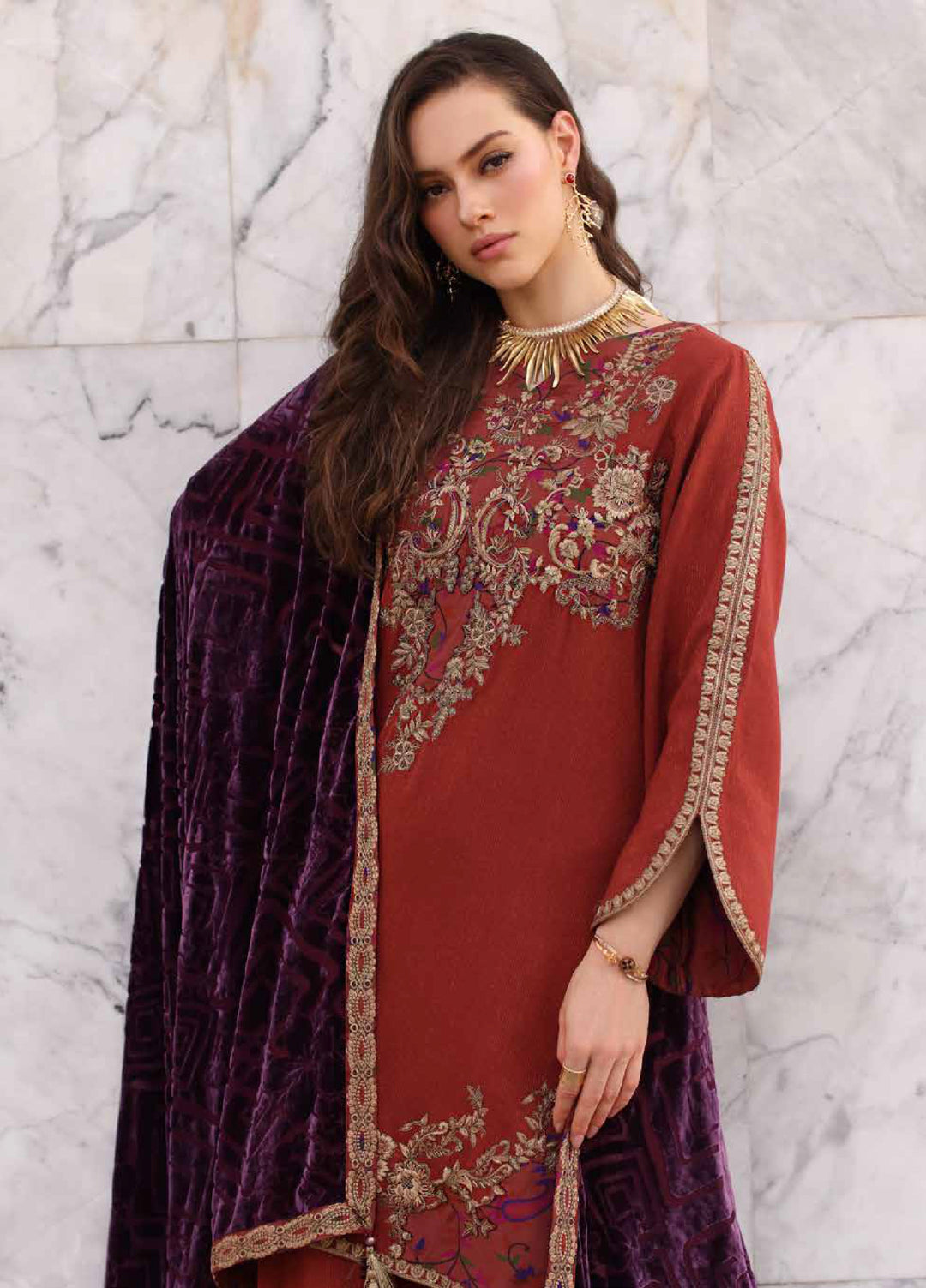 Poshima by Charizma Unstitched Peach Leather Embroidered Suit with Velvet Shawl 3 Piece CRZ25LW PSW5-22 - Winter Collection