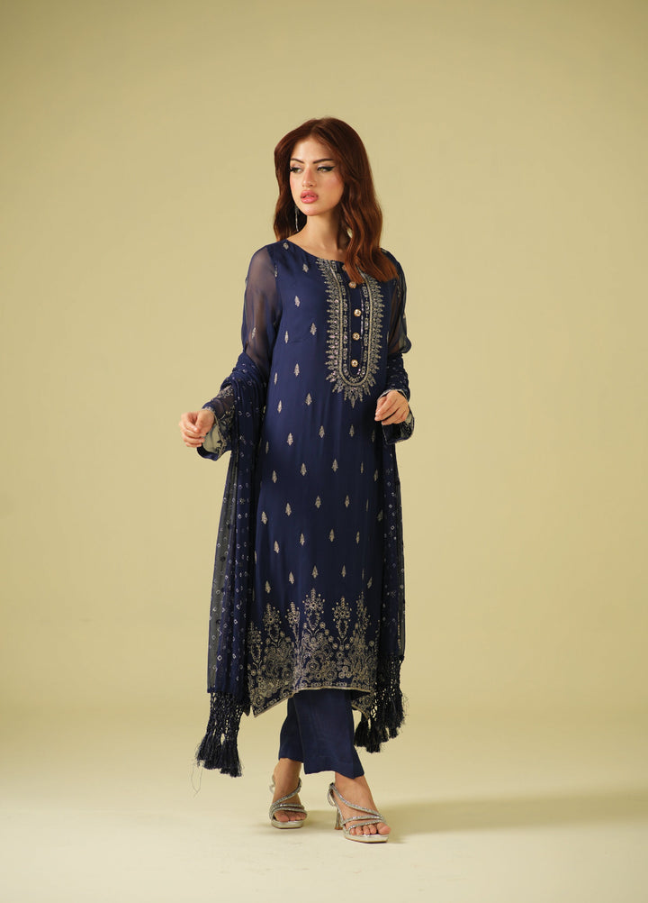 Satrang by Zouj Unstitched Chunri Chiffon Embroidered Suits 3 Piece ZJ25SC ZJCH-0032 Navy Blue - Festive Collection