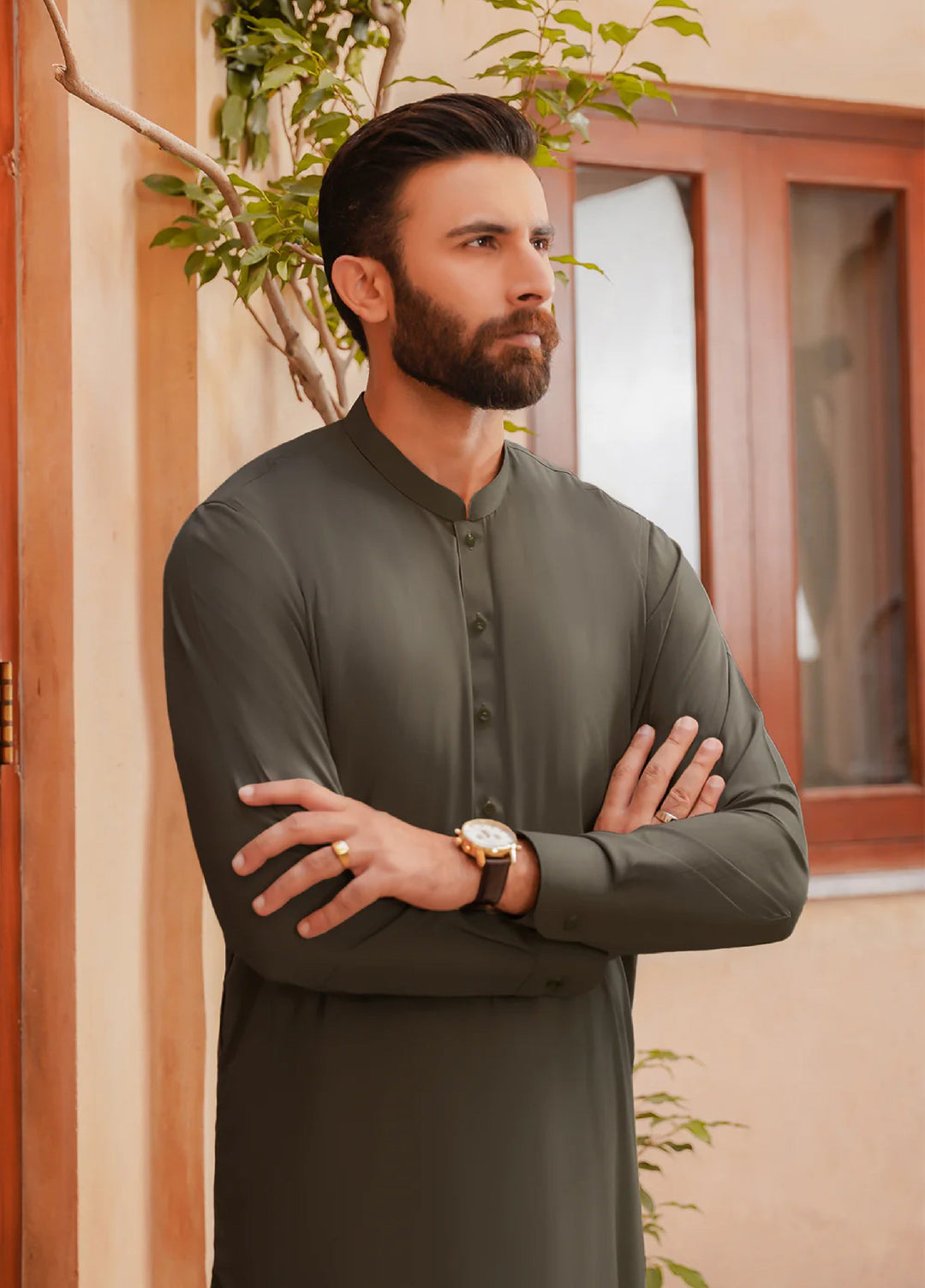 Misaal by Divinely Crafted Solids Shalwar Kameez For Men Moss Green Blended SK340-0725-MG - Summer Collection
