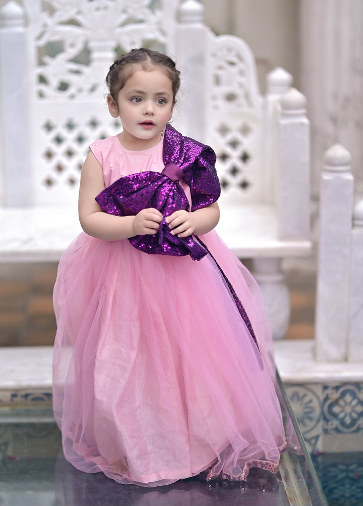 Andaz e Jahan by Qurratulain Saqib Pret kids Bareeze Net 1 Piece Solids Pink Plum Sequins Bow - Wedding Collection