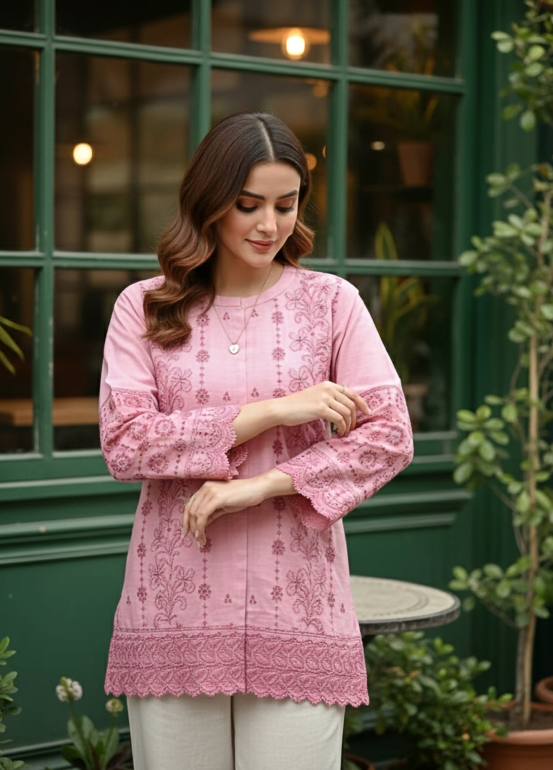 Lakhany Women Pret Embroidered Cambric Shirt Pink - Winter Collection