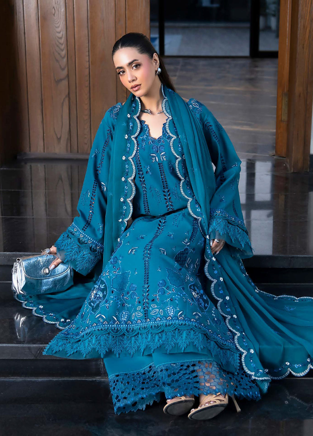 Aylin Unstitched Embroidered Luxury Lawn 3 Piece Suit AYL26UL D8 Teal Lotus - Summer Collection