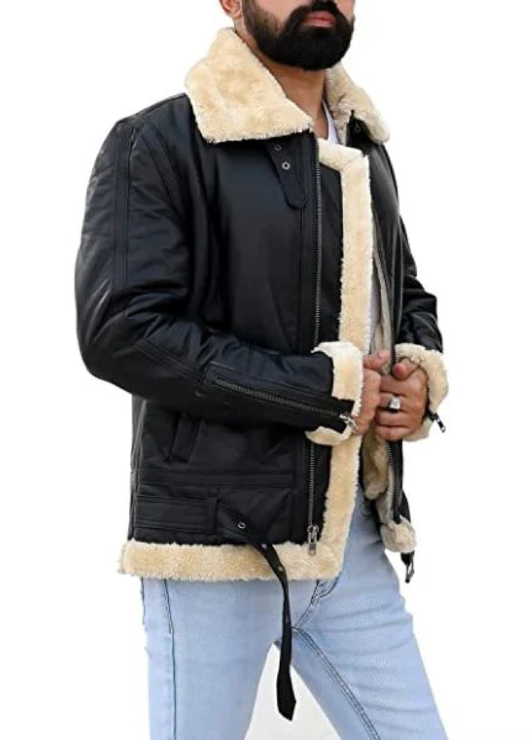 Jild Bomber Jacket Solids Mens Premium Shearling Fur Leather Jacket Black - Winter Collection