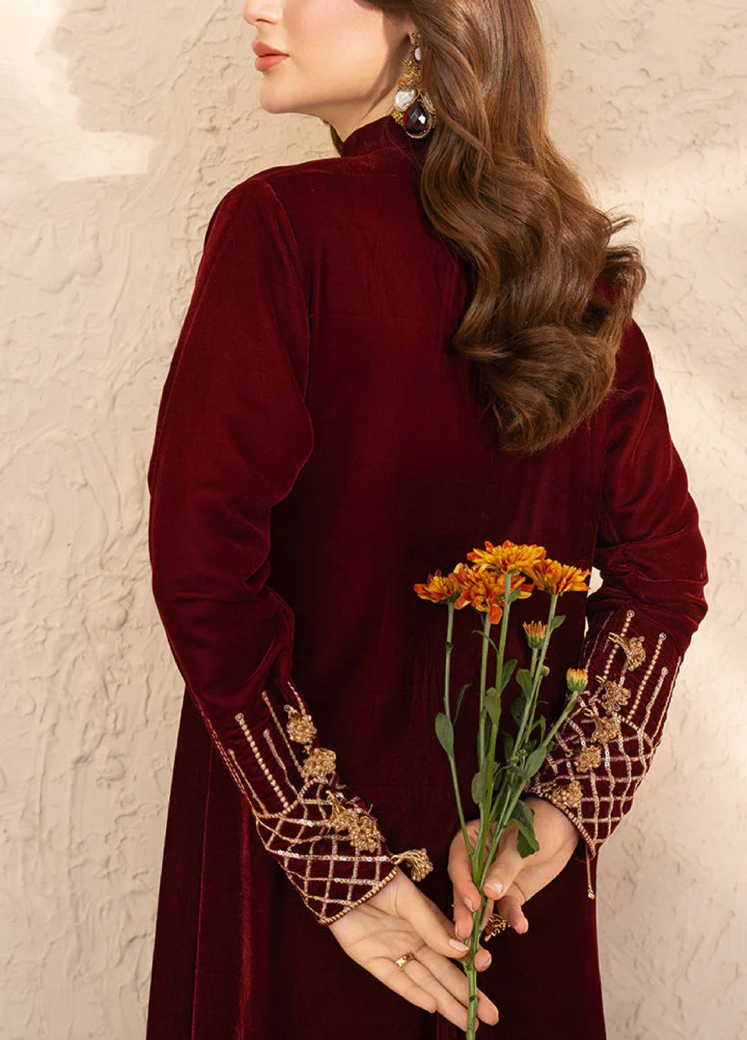 Winter Hues by Naayas Women Pret Embroidered Kaftaan Velvet Ambery - Winter Collection