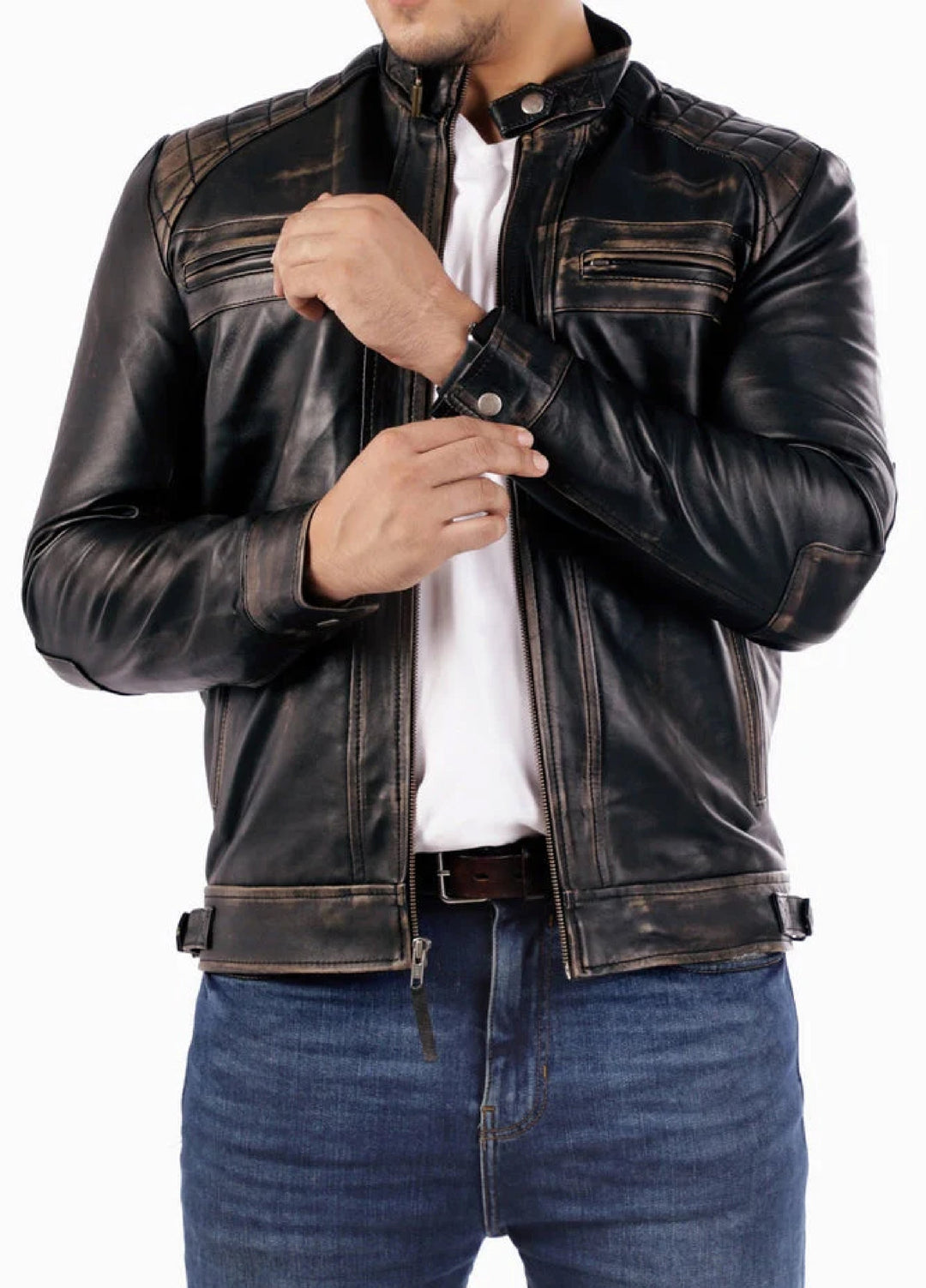Men's Casual Signature Diamond Lambskin Leather Jacket-Vintage Black