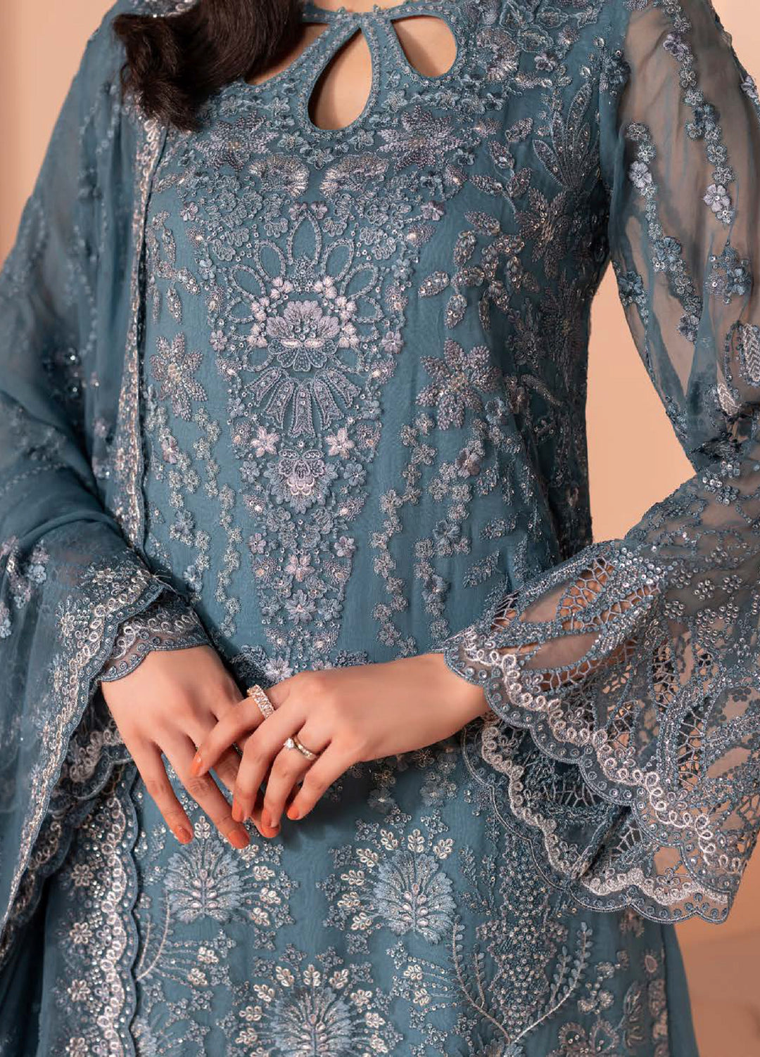Murawwat by Lavish Premium Unstitched Luxury Chiffon Embroidered 3 peice LV25MC M-06 Ocean Teal - Formals Collection