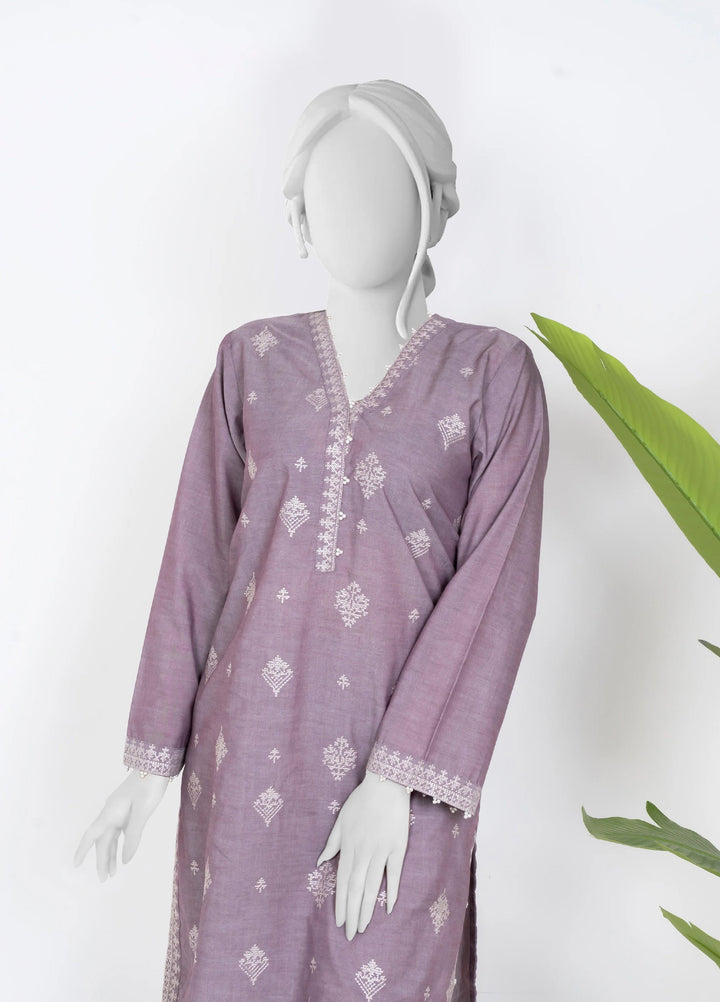 Ayla Studio Women Pret Chambray Solid Embroidered 2-Piece RTW Lilac - Winter Collection