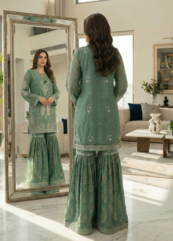 Essentials by Diara Couture Women Pret Embroidered Organza 3 Piece Suit Habiba DF-56 Green - Wedding Collection