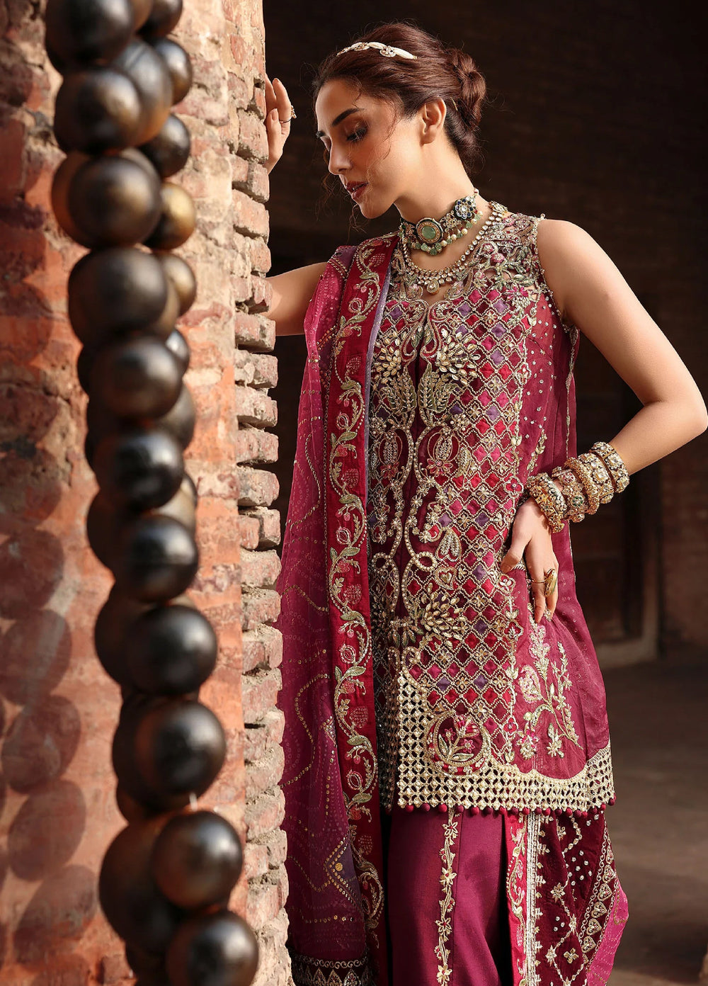 Crimson Unstitched Embroidered Organza 3 Piece Suit CR26UW D-2 Nazo Wine - Festive Collection