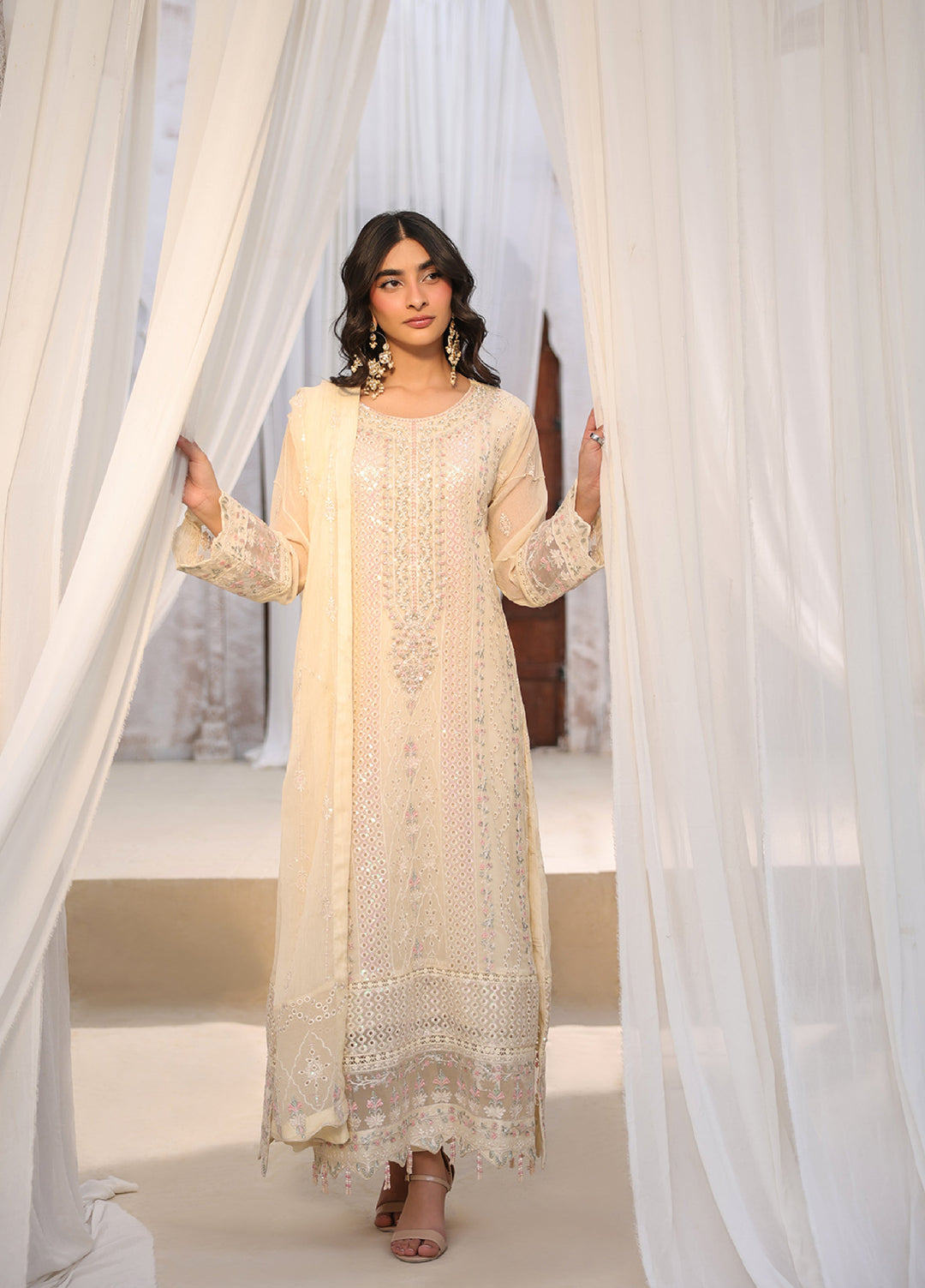 Lamhay by Shamooz Unstitched Embroidered Chiffon 3 Piece Suit SHM26UL Soft Ivory - Festive Collection