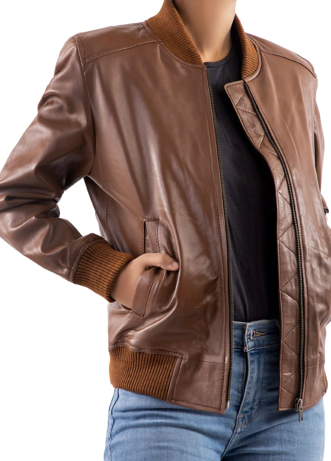 Jild Bomber Jacket Solids Womens Bomber Leather Jacket Cognac - Winter Collection