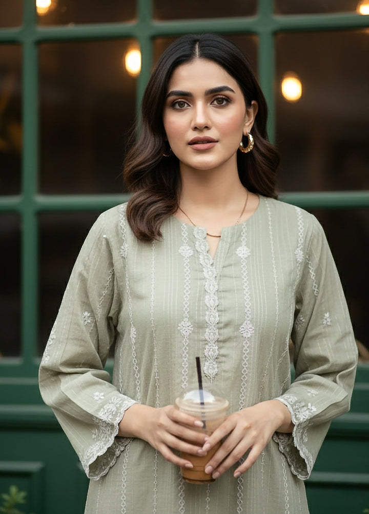 Lakhany Women Pret Embroidered Cambric Shirt Sage - Winter Collection