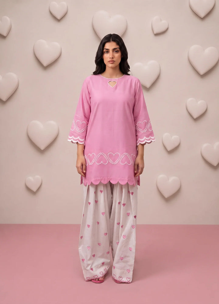 Scherezade Women RTW Embroidered Lawn Cotton 3 Piece Suit PINK HEARTS - Casual Collection