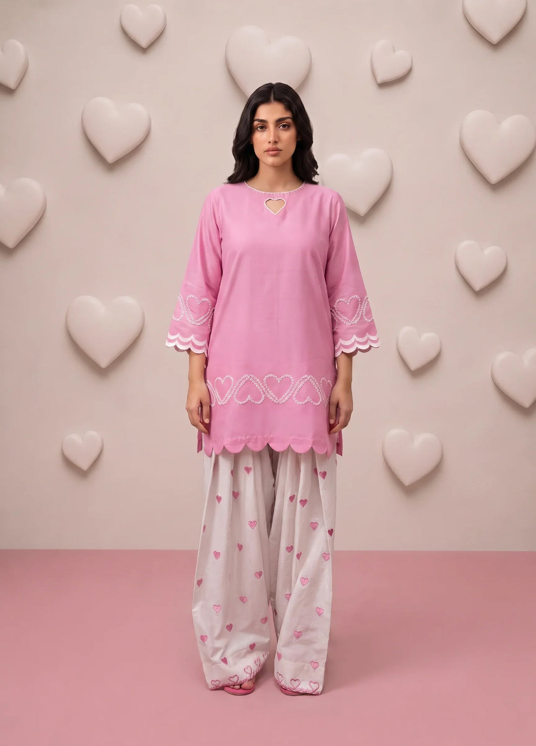 Scherezade Women RTW Embroidered Cotton Lawn 3 Piece Suit PINK HEARTS - Casual Collection
