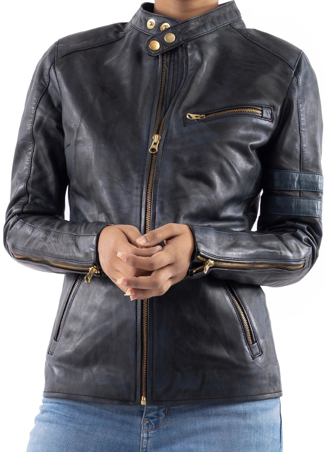 Jild Bomber Jacket Solids Distressed Racer Vintage Leather Jacket Women Blue - Winter Collection