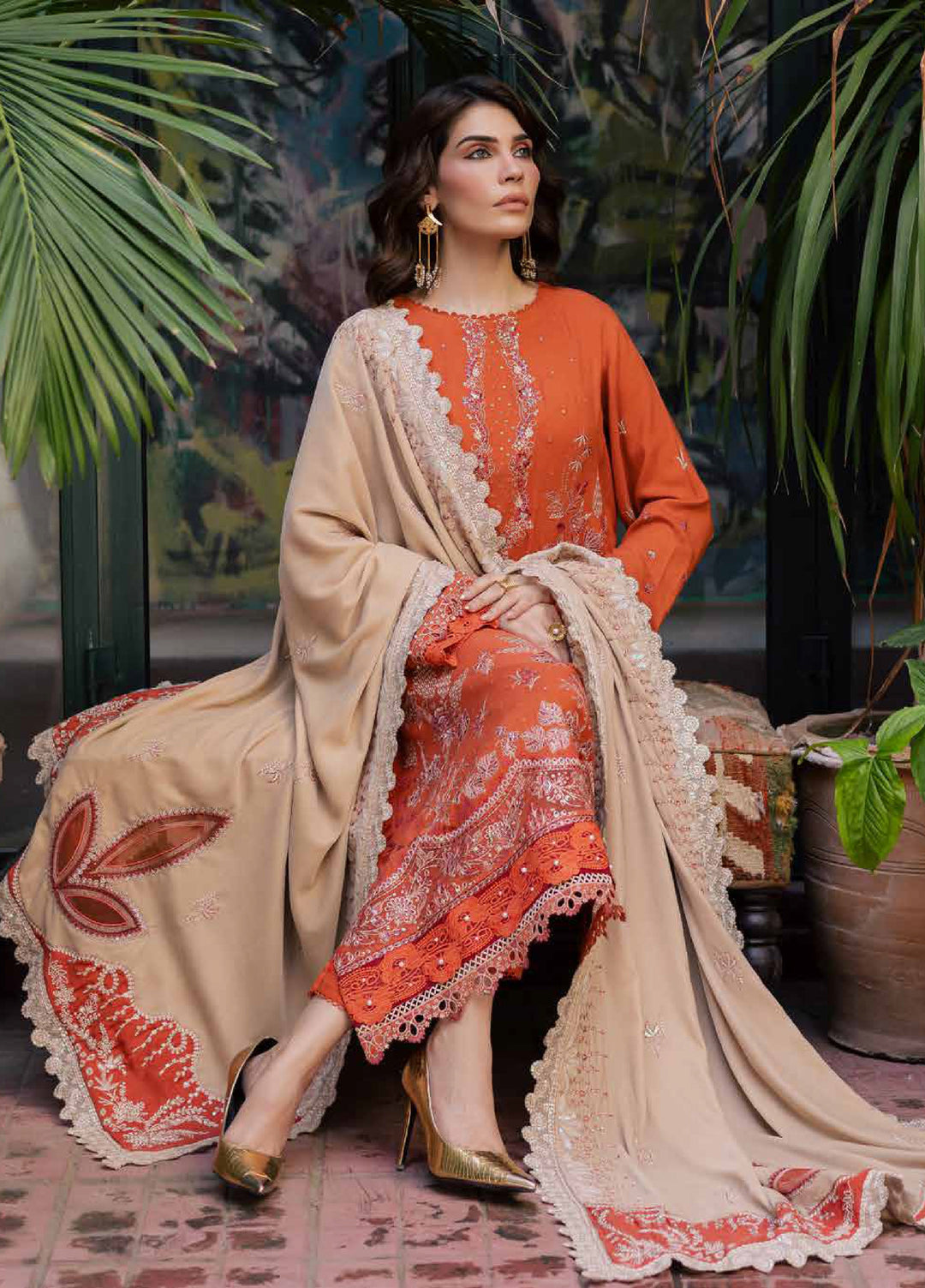 Nureh Exclusive Unstitched Luxury Leather Peach Embroidered Suits 3 Piece NU25LV NE-184 - Festive Collection