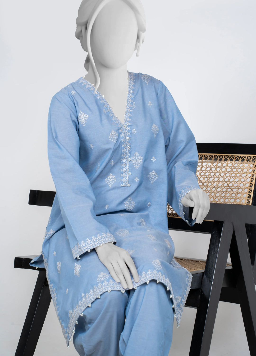 Ayla Studio Women Pret Chambray Solid Embroidered 2-Piece RTW Sky Blue - Winter Collection