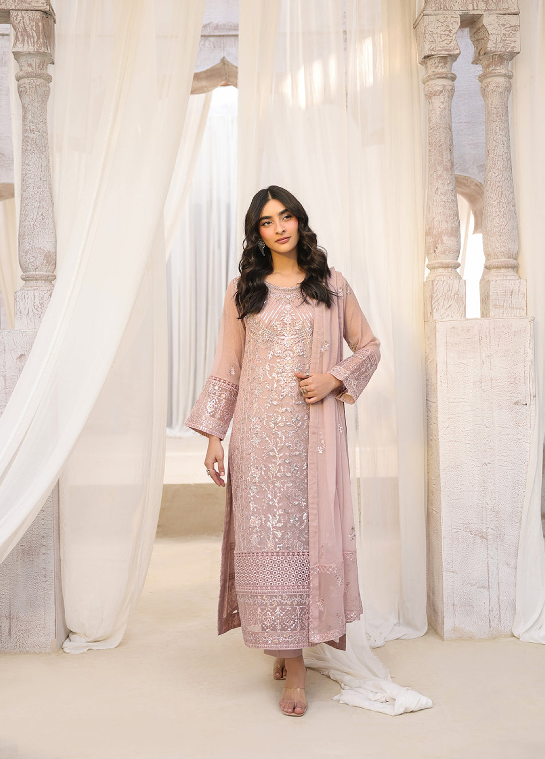Lamhay by Shamooz Unstitched Embroidered Chiffon 3 Piece Suit SHM26UL Tea Rose - Festive Collection