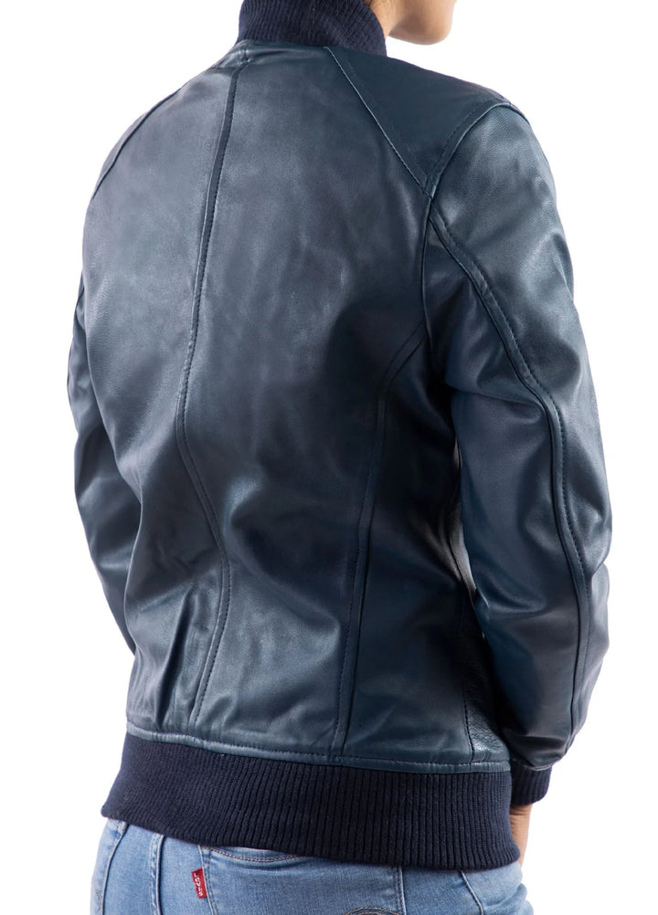 Jild Bomber Jacket Solids Womens Bomber Leather Jacket Blue - Winter Collection