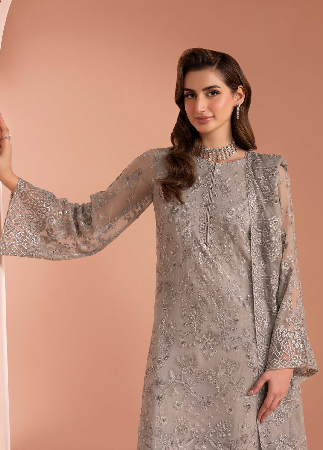 Murawwat by Lavish Premium Unstitched Luxury Chiffon Embroidered 3 peice LV25MC M-04 Moonstone Grey - Formals Collection