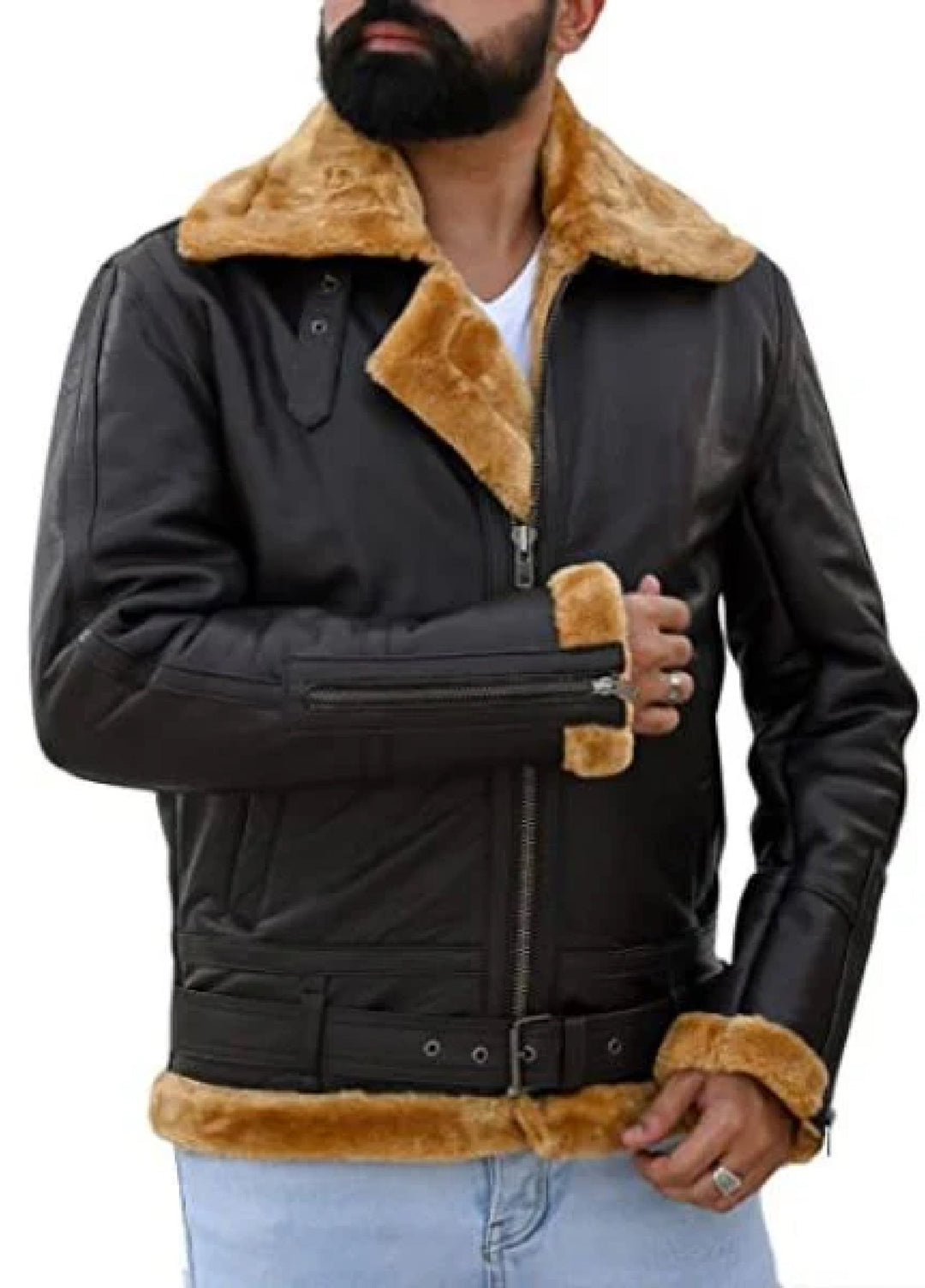 Jild Bomber Jacket Solids Mens Premium Shearling Fur Leather Jacket Brown - Winter Collection